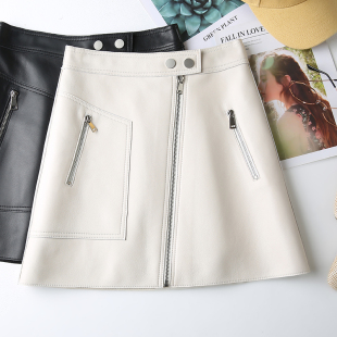 绵羊皮真皮皮裙女拉链高腰a字裙白色高街半身裙欧美短裙秋冬新款