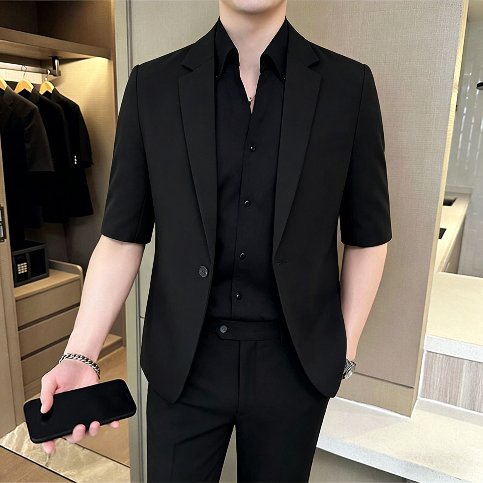黑色短袖西装外套男港风潮流修身垂感休闲高级感中袖西服外套凉感