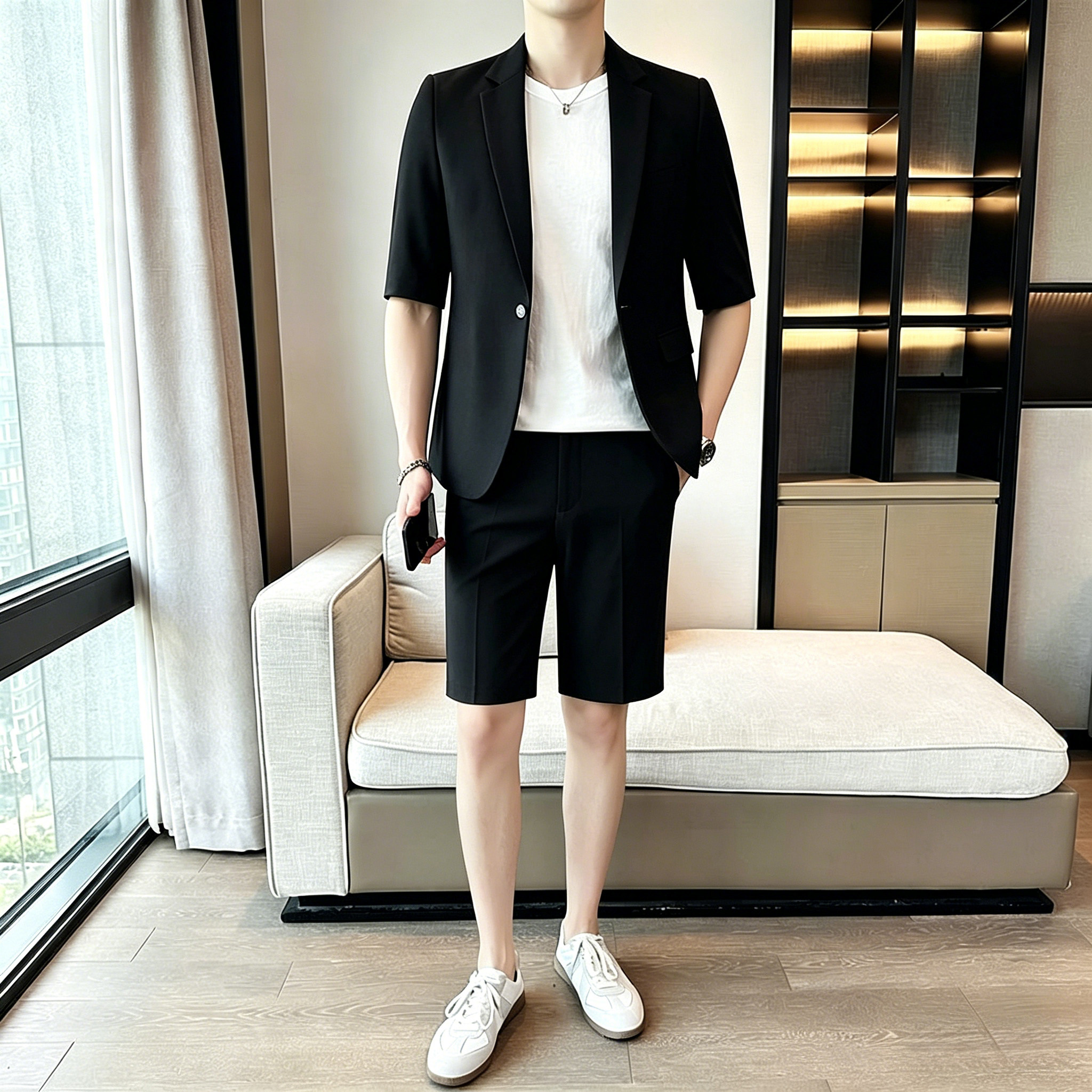 高级感短袖西服套装男士2026夏季新款伴郎西装外套休闲短裤一套男