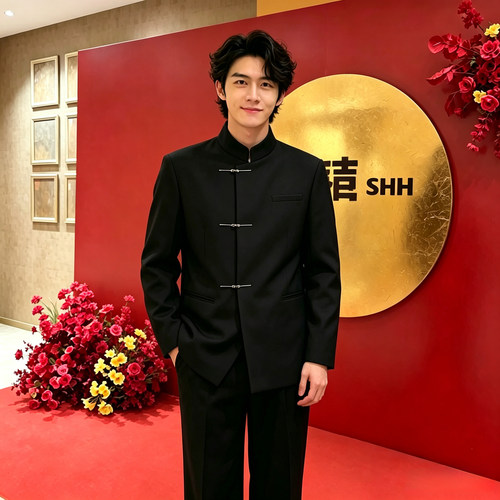 新中式中山装男士立领男订婚西装新郎结婚国风礼服三粒扣西服外套