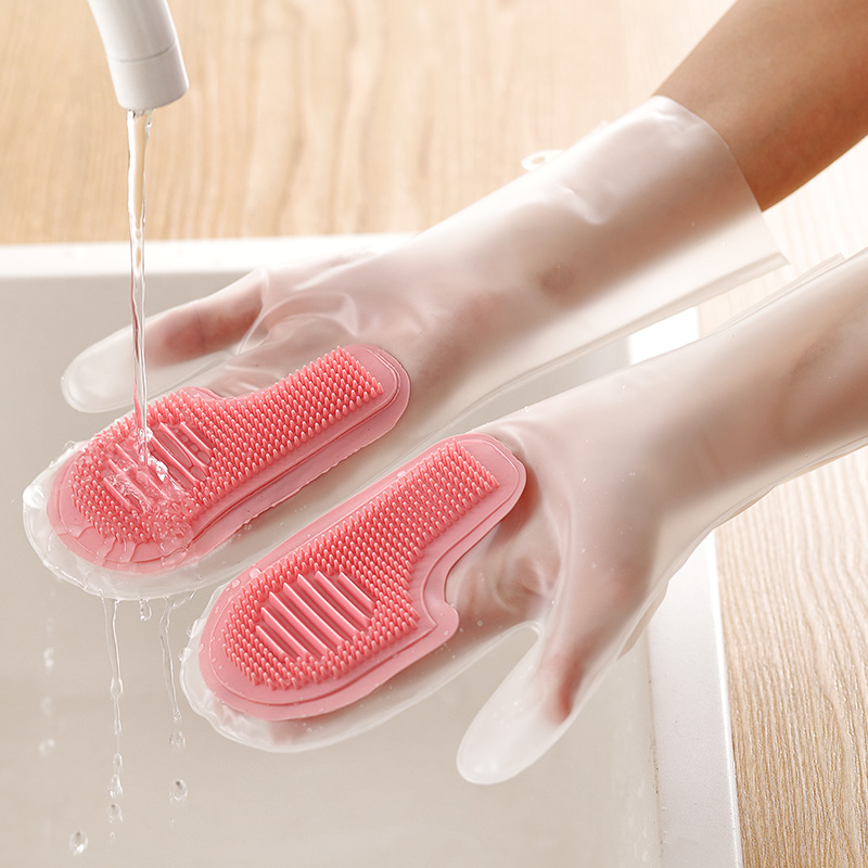 防水硅胶洗碗手套女厨房家务干活清洁魔术刷碗手套耐用型薄款四季