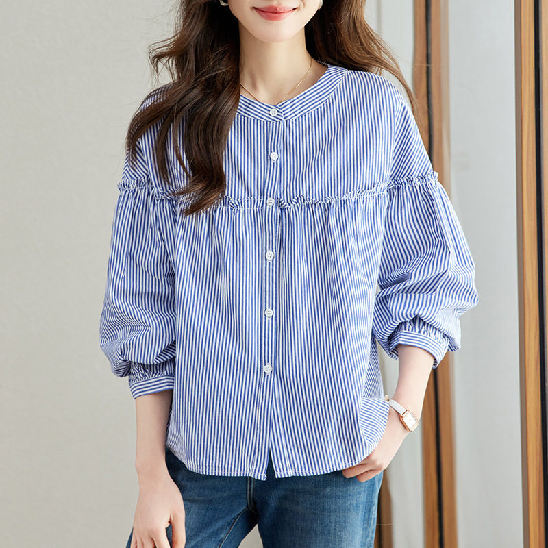 深蓝条纹衬衫女土长袖圆领无领宽松遮肚遮肉木耳边娃娃衫条文上衣