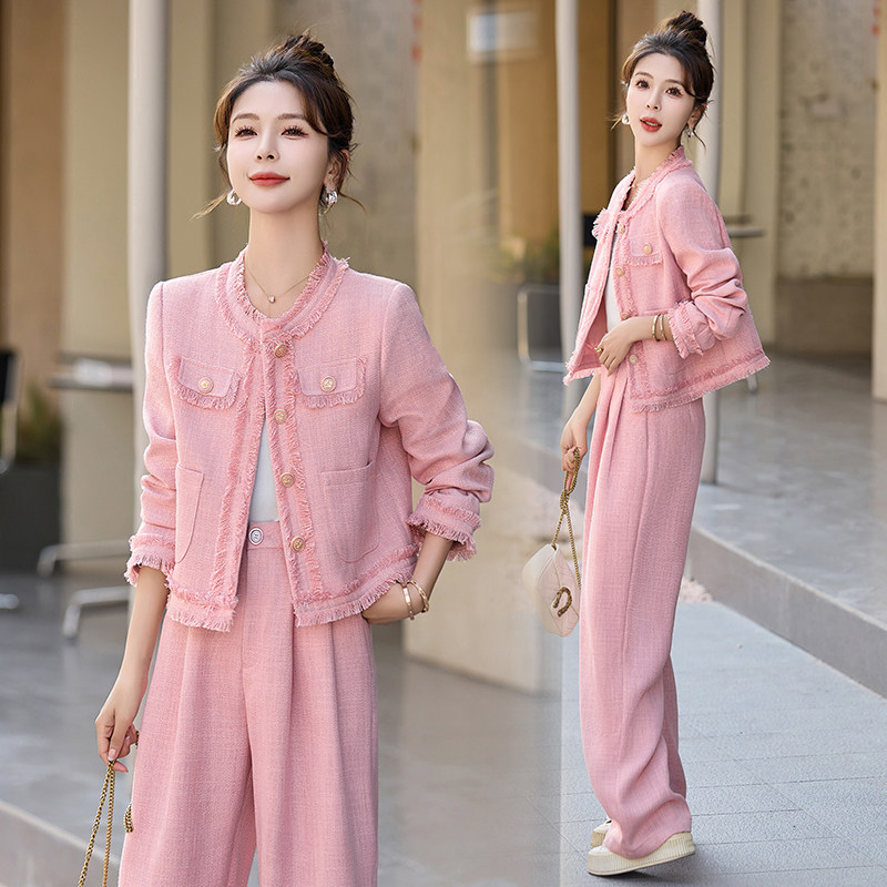 欧货套装时尚两件套女土粉色无领显瘦洋气女神范裤子套装宽阔腿裤