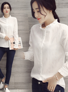 称衣寸衫长袖白衬衫女土修身荷叶边何竖领村杉衣西装内搭