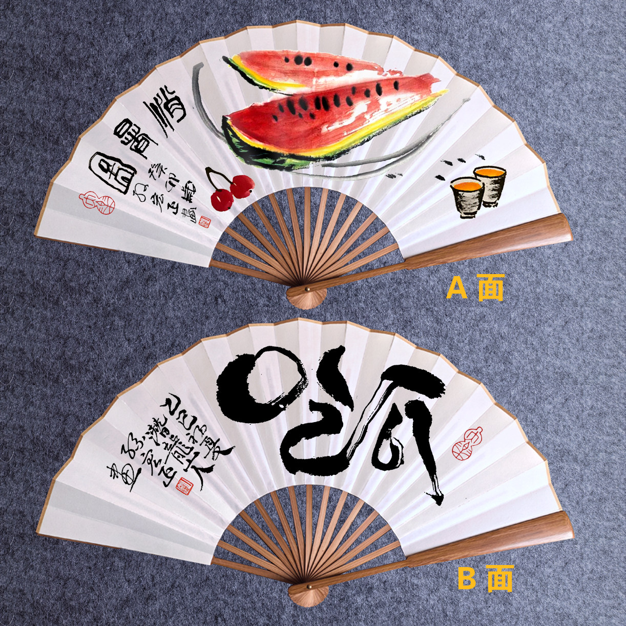 孙宏正手绘国画折扇西瓜消署图