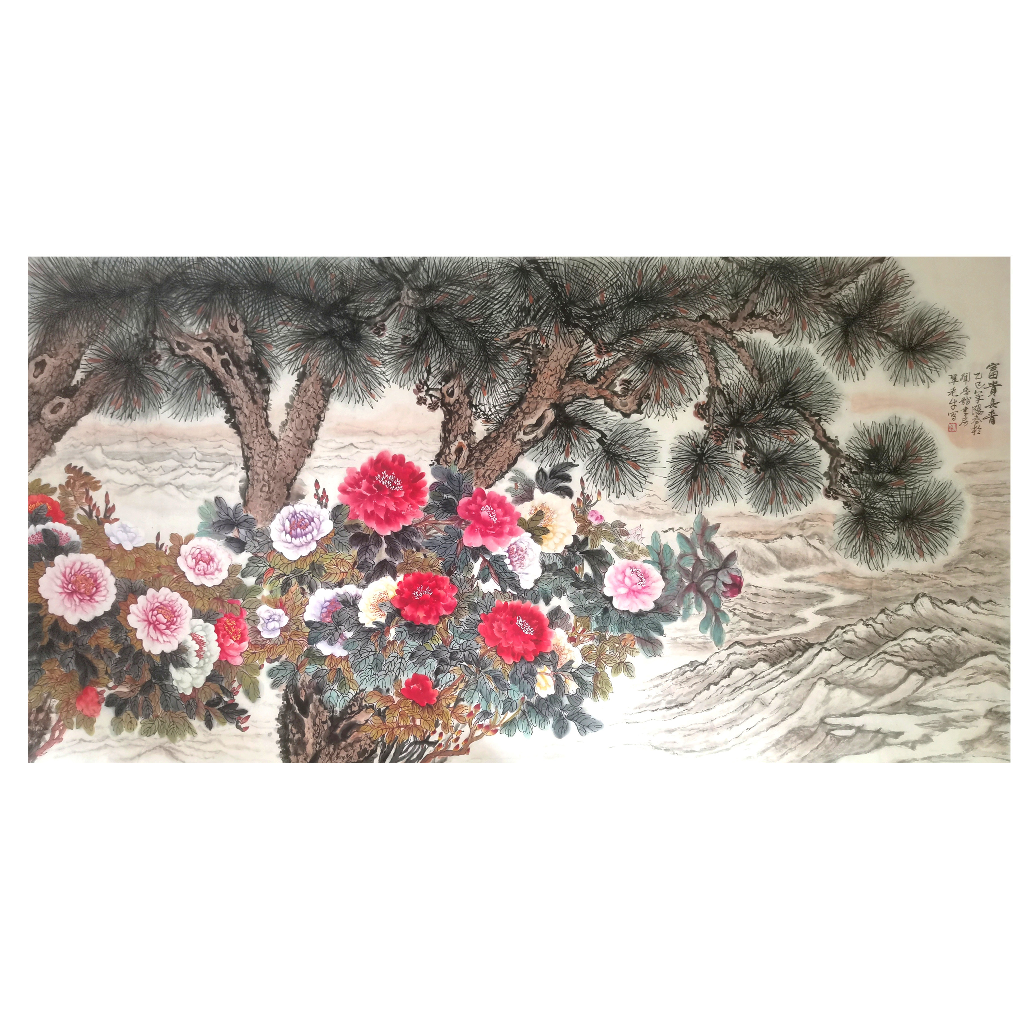 名家纯手绘牡丹松树国画真迹