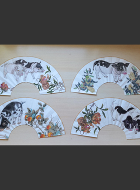朵莲精舍工笔生肖折扇手绘小猪鸡