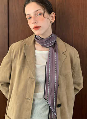 WANSUI原创百搭复古灰紫色条纹真丝斜角长丝巾围巾发带