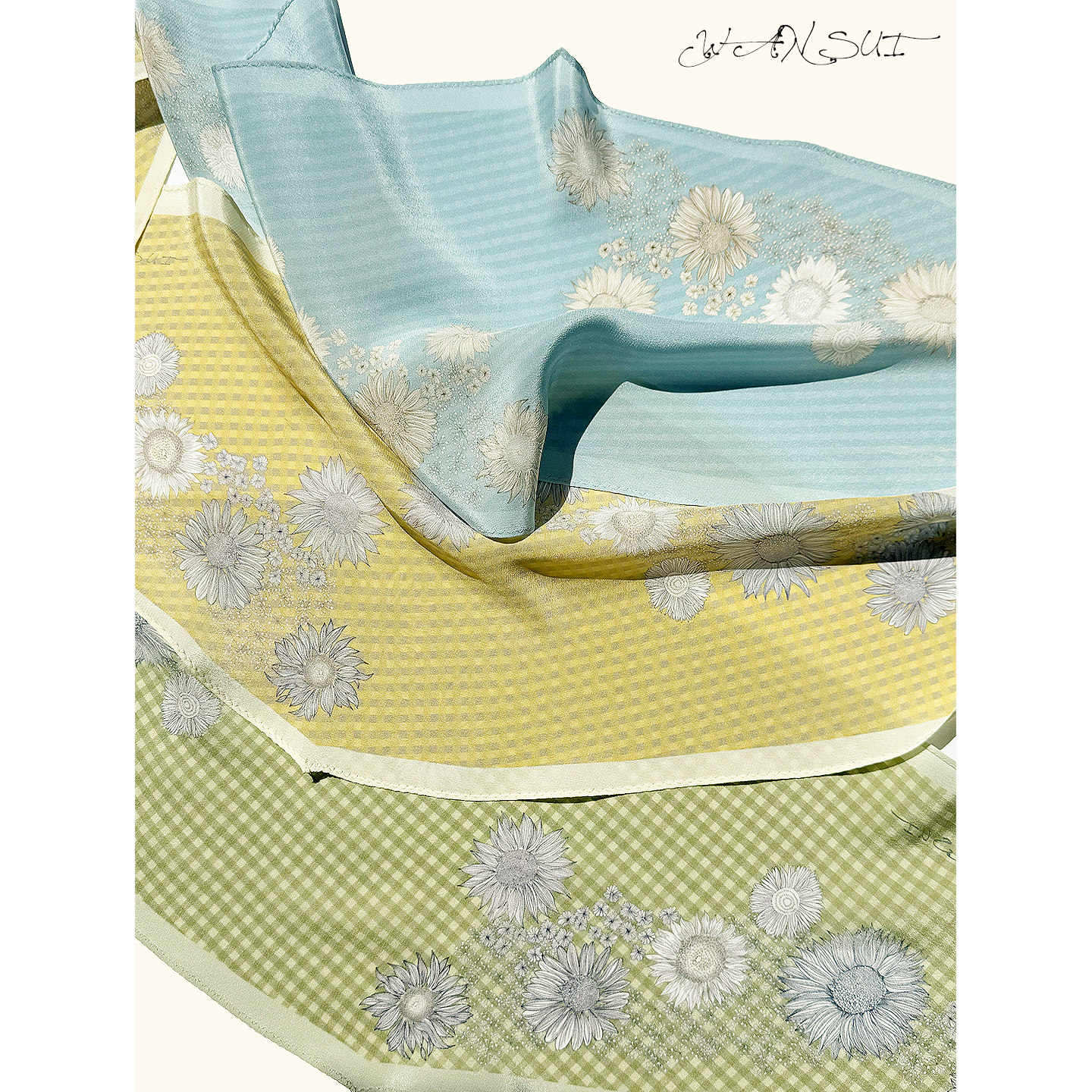 WANSUI原创多色雏菊格纹气质法式自然系春游菱形真丝丝巾送礼度假