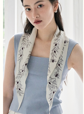 WANSUI万穗原创橄榄叶法式三色菱形真丝丝巾简约百搭领巾高级感