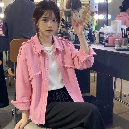 毛边牛仔衬衫外套女2026春秋新款韩版休闲宽松时尚别致上衣潮