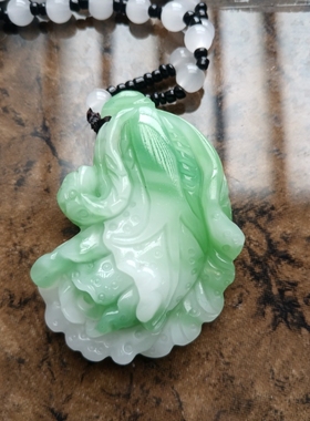 新疆外蒙料双面雕刻白菜飘花吊坠百财纳福挂件男女款玉坠项链挂件