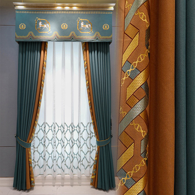 撞色刺绣中式风上门安装窗帘定制