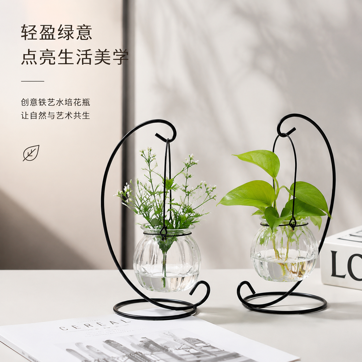 创意铁架水培绿萝玻璃花瓶容器盆办公室内桌面绿植现代摆件装饰品