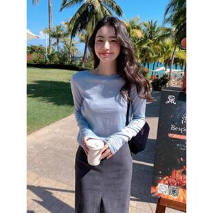 春夏扬子纱精纺羊毛针织衫女圆领长袖薄款宽松防晒空调衫简约上衣