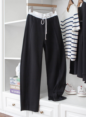 白色松紧腰头拼接时尚宽松镰刀裤弯弯裤香蕉裤针织卫裤春夏薄款