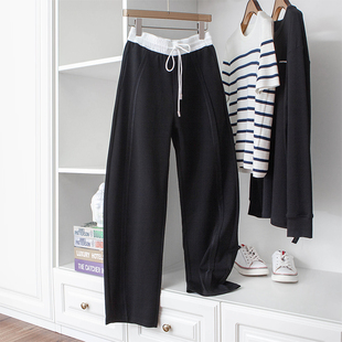 白色松紧腰头拼接时尚宽松镰刀裤弯弯裤香蕉裤针织卫裤春夏薄款