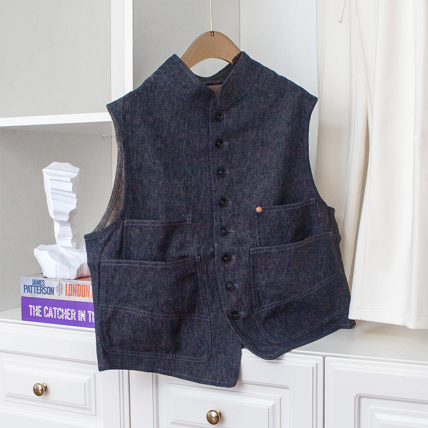 复古日系小众 帅气立领单排扣工装式多口袋作旧棉麻马甲无袖背心