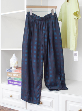 复古蓝色格纹印花 宽松松紧腰哈伦裤凉爽柔滑人丝宽腿九分裤25夏