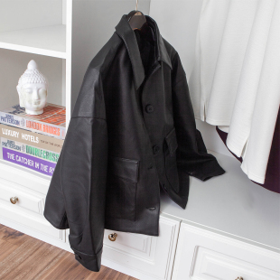 时尚 帅气翻领单排扣翻盖口袋环保蛋白皮革外套皮衣 宽松蝙蝠廓形