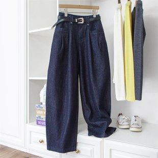 宽腿牛仔裤 穿出大长腿 宽松香蕉裤 高腰阔腿长裤 复古靛蓝色腰带款