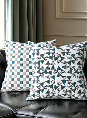 默色空间青绿精织双面图案抱枕高级感沙发腰枕客厅超细旦羽丝靠垫