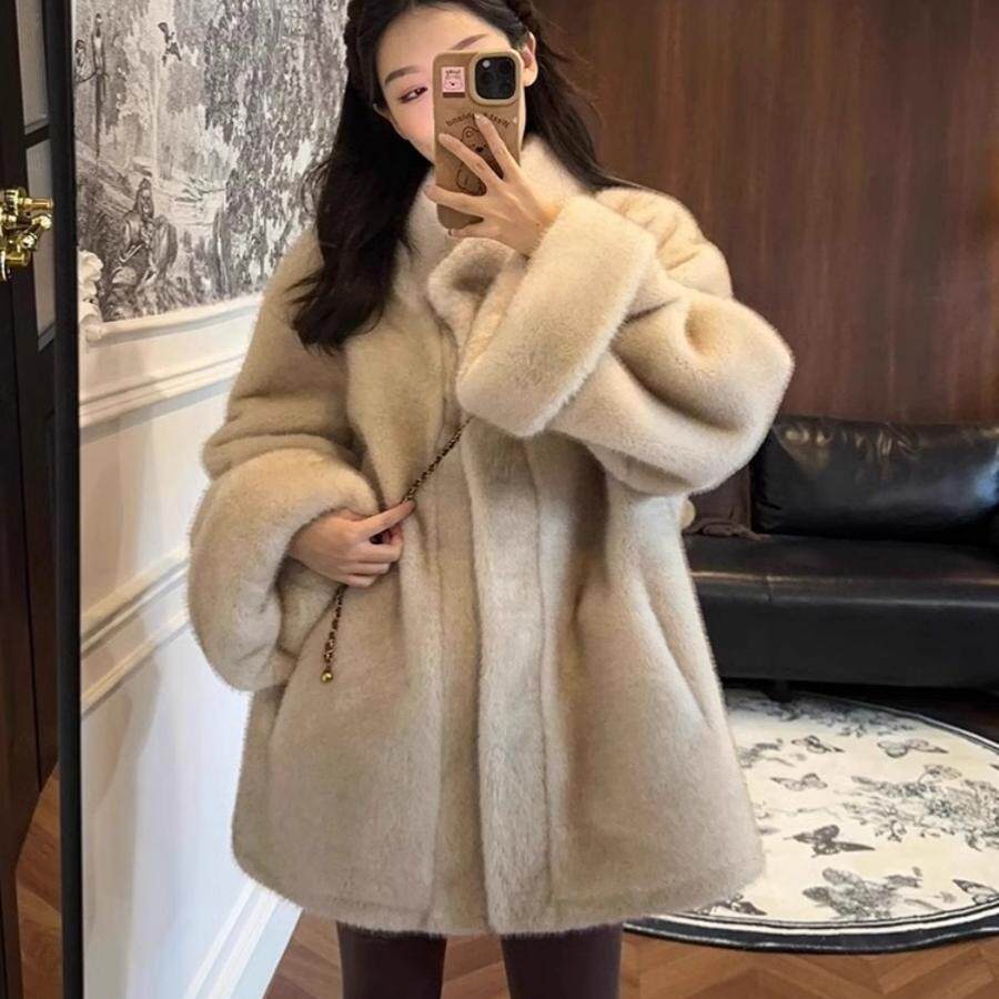 仿水貂毛皮草2024秋冬皮毛一体外套女中长款宽松加厚环保毛毛上衣