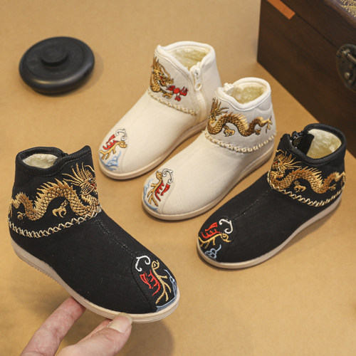 男童汉服鞋古装靴子儿童绣花鞋冬