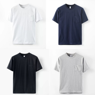 日式高品质男女情侣纯棉口袋纯色宽松270g重磅圆领短袖T恤衫白色