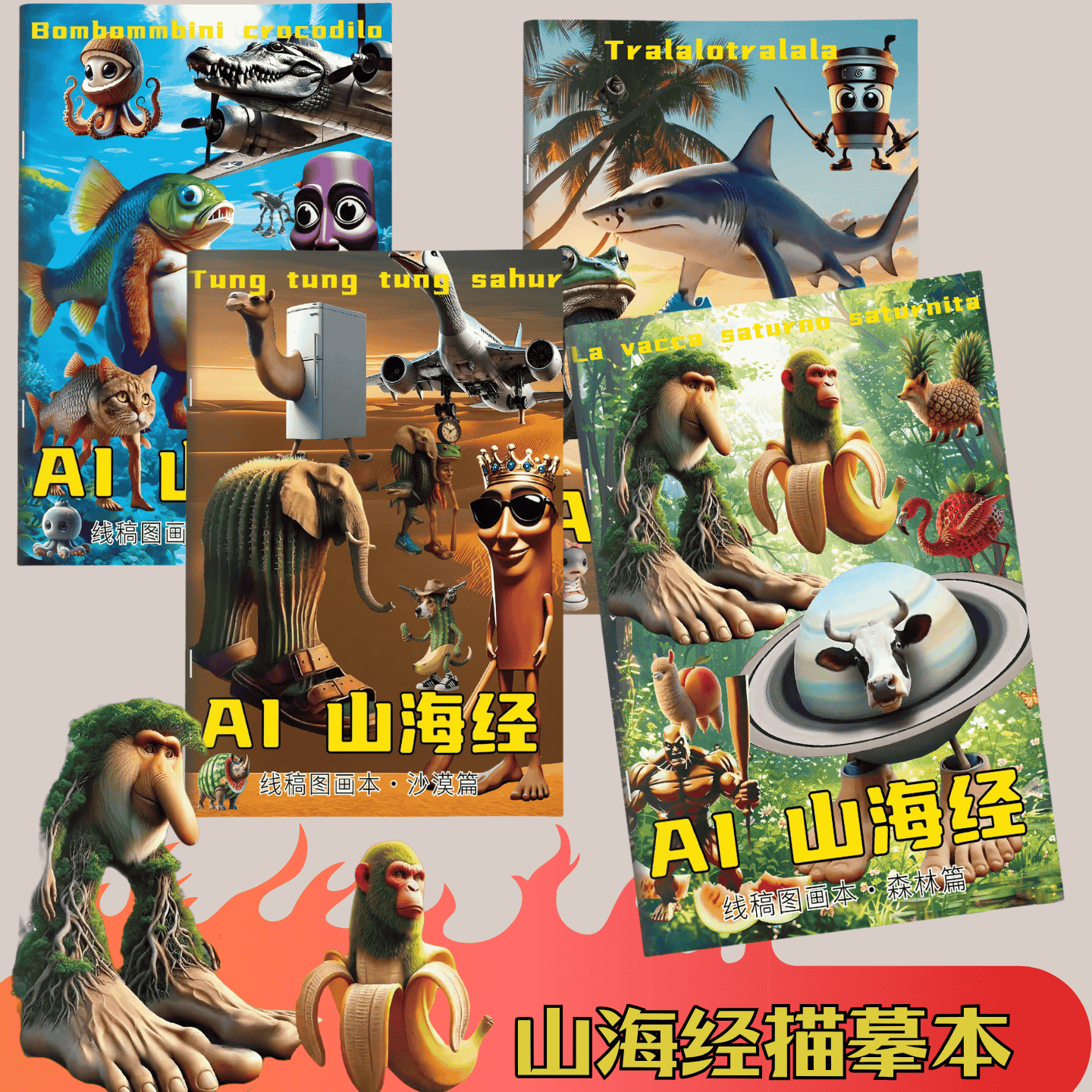 国外山海经描摹本木棍人儿童益智画本搞笑AI山海经趣味涂摹本绘画
