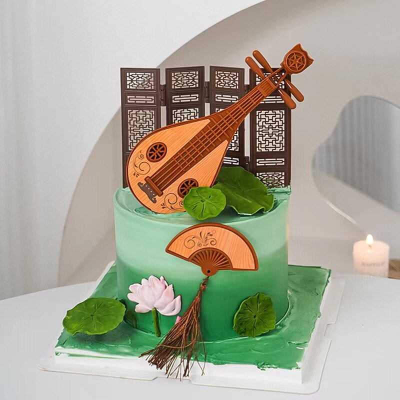 国风古风荷塘月色生日蛋糕装饰 塑料琵琶摆件中国风屏风烘焙装扮