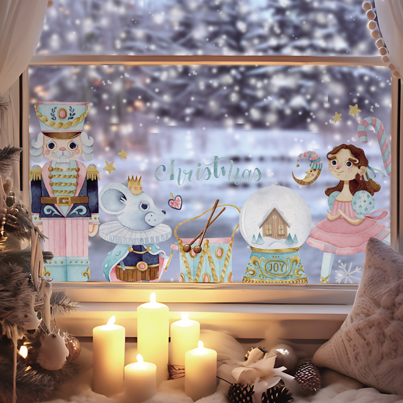 北欧ins圣诞童话胡桃夹子晚宴儿童房布置窗户玻璃无胶静电膜装饰