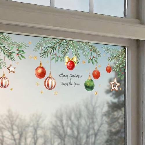 圣诞球松枝装饰静电橱窗贴纸服装奶茶店铺玻璃门贴花氛围布置贴画