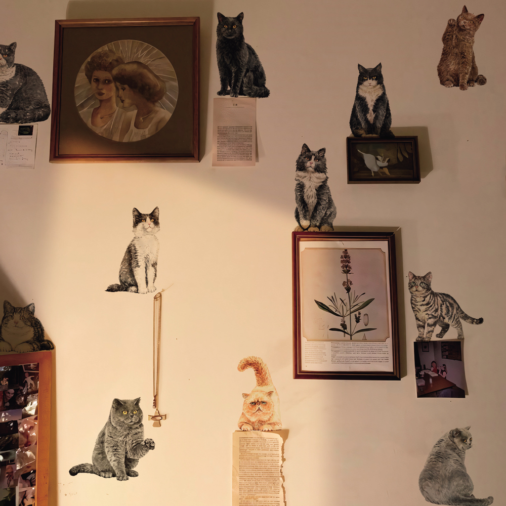 北欧insi英伦水彩复古乡村风猫家动物喵咪卧室插画自粘墙贴纸图片