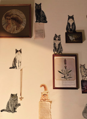 北欧insi英伦水彩复古乡村风猫家动物喵咪卧室插画自粘墙贴纸