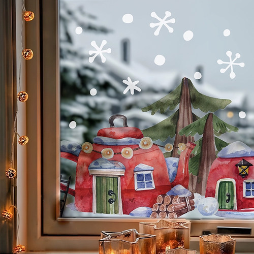 圣诞装饰树雪人双面场景静电贴纸布置玻璃门贴纸奶茶店窗花玻璃贴