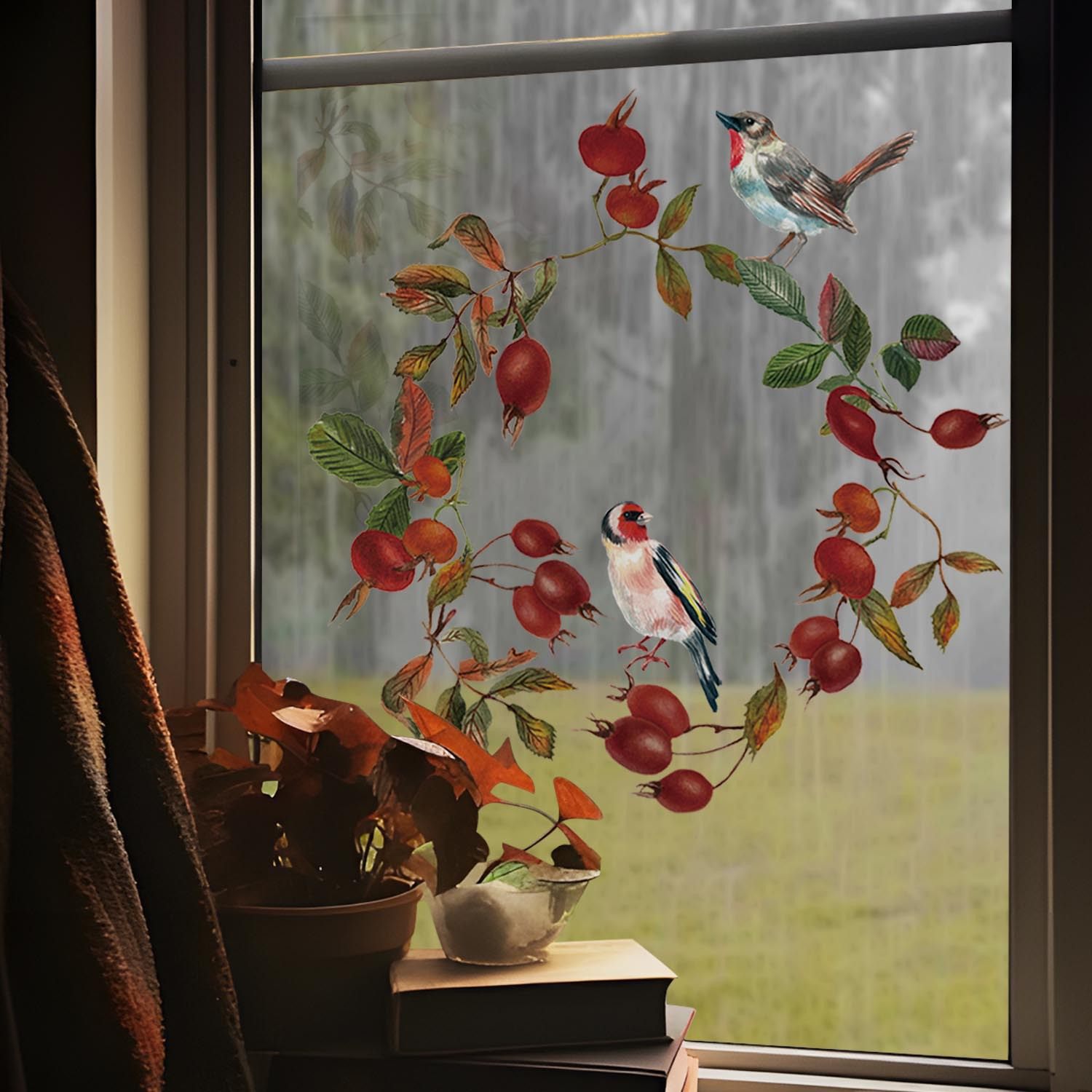 复古红色浆果自然田园风玻璃门透明双面静电无胶窗花贴装饰静电贴