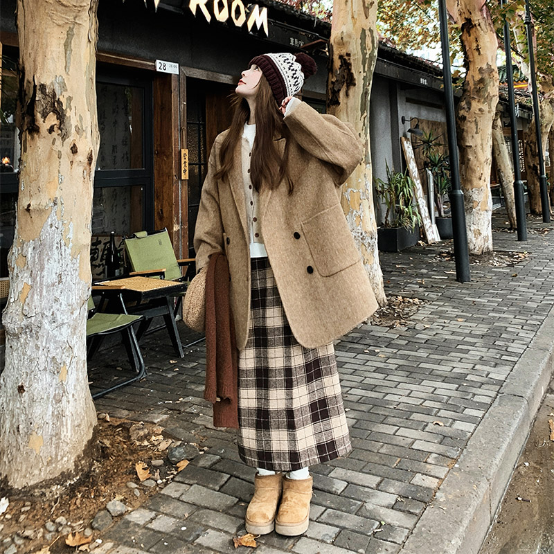 卡其色双面呢西装羊毛大衣女冬2025新款小个子高级感气质羊绒外套