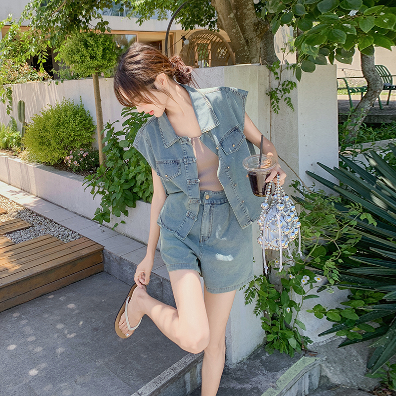 新中式小飞袖牛仔套装女2025夏新款宽松减龄小个子马甲短裤两件套