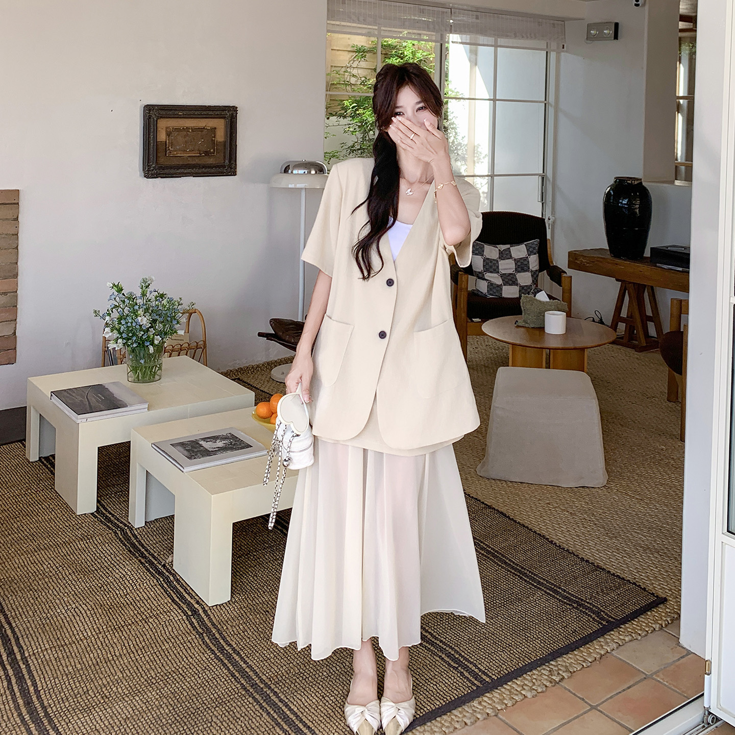 卡其色超好看西装套装女2025年夏季新款韩系超好看网纱长裙两件套