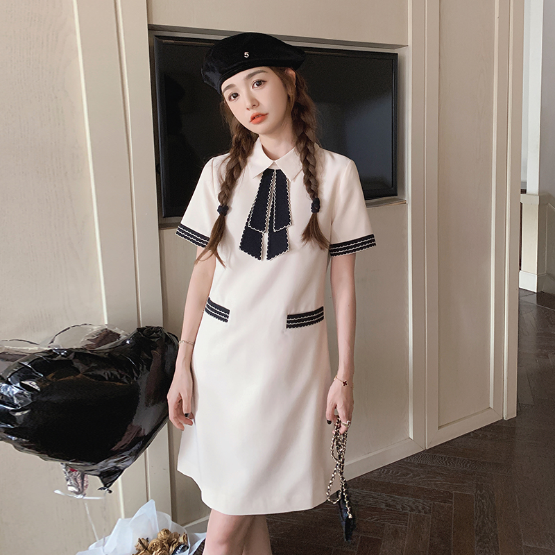 韩版白色撞色连衣裙女2024夏季