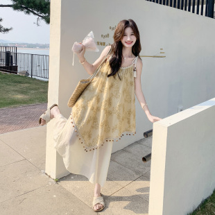 法式 气质超好看海边度假吊带长裙 假两件刺绣连衣裙女2025夏季 新款
