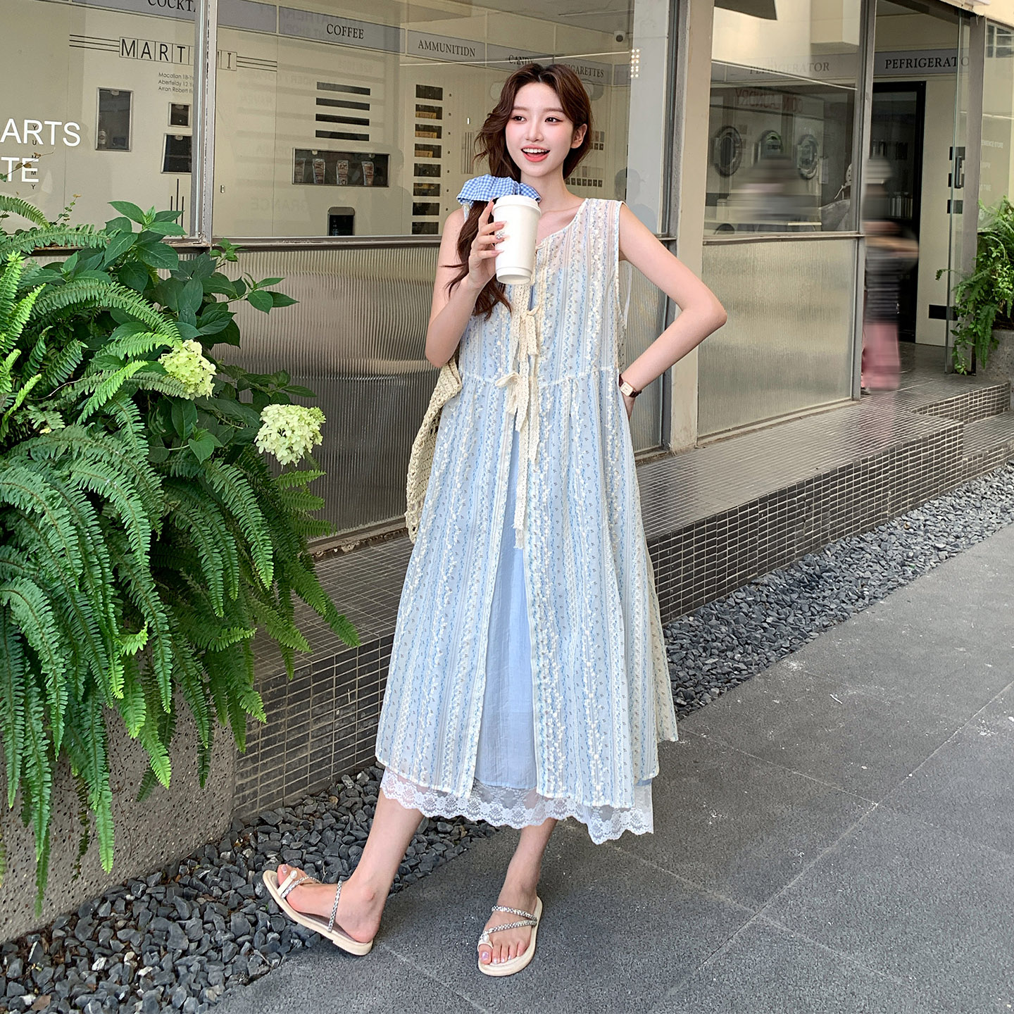 韩系蕾丝罩衫叠穿连衣裙套装女夏季2025新款无袖背心吊带裙两件套