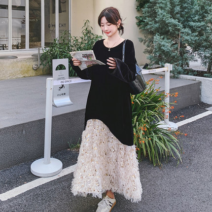 韩版黑色亮片拼接金丝绒连衣裙女2025秋新款高级感气质赫本风裙子