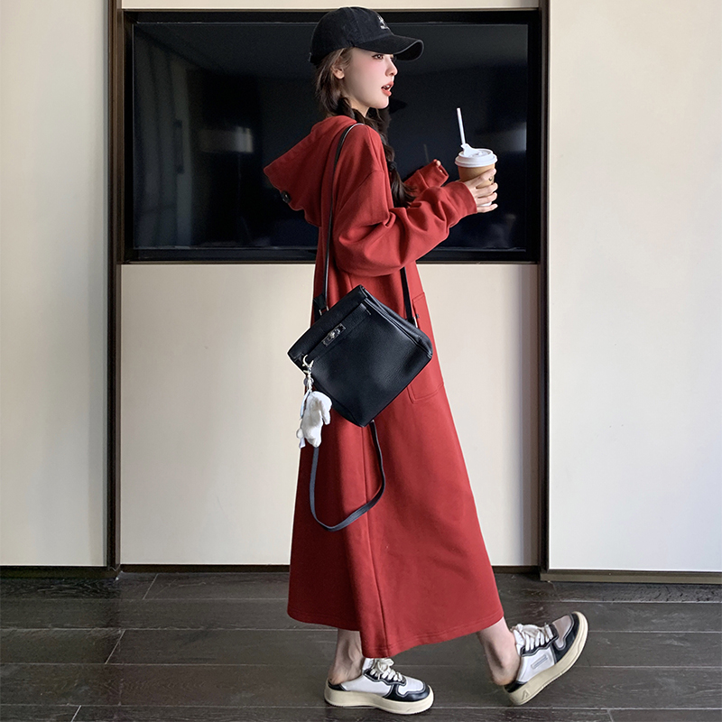 韩版连帽长袖卫衣连衣裙女春季2025新款小个子高级感宽松休闲长裙