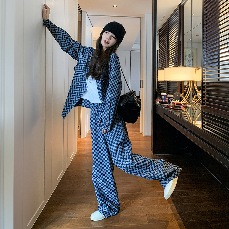 今年流行爆款格子牛仔套装女春季2025新款高级感上衣阔腿裤两件套