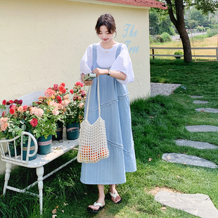 減齡休閑大碼 巨好看藍色背帶裙套裝 女夏季 2025新款 連衣裙兩件套