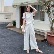 巨好看的夏装套装女2025新款韩系高级感蕾丝刺绣上衣阔腿裤两件套