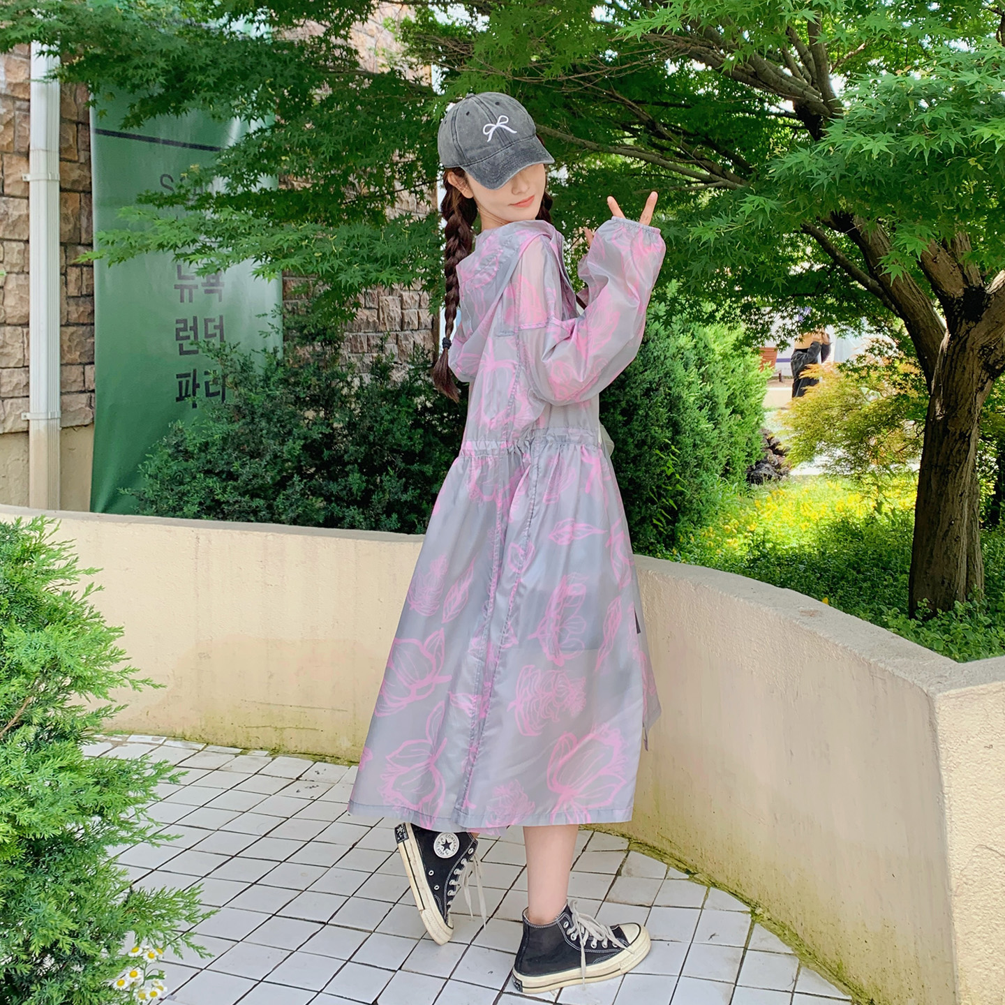 粉色印花防晒衣女2025夏季新款韩系高级感宽松休闲连帽长款防晒服