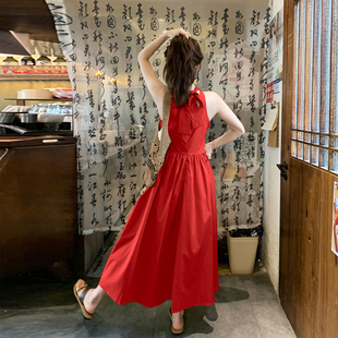 多巴胺海边度假挂脖连衣裙女2025年夏季 长裙 新款 宽松显瘦气质时尚